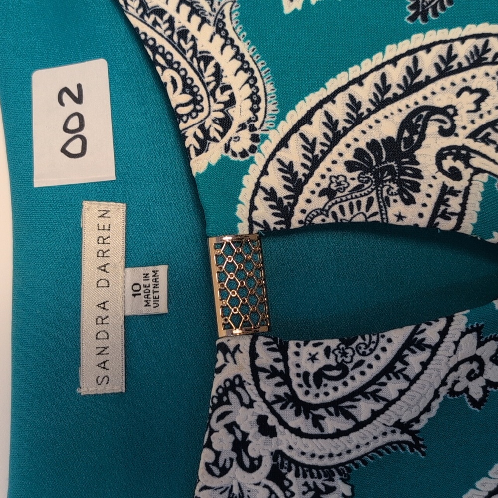 Sandra Darren Teal and Navy Paisley Long Sleeve Dress - Picture 2 of 9